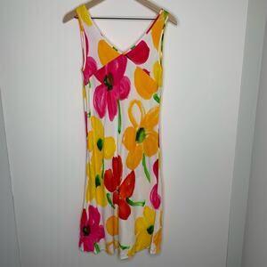 Hula Moon by Jams World White Multicolor Floral Sleeveless Midi Dress Medium USA